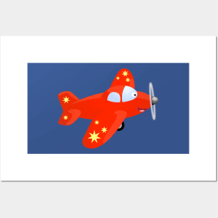 Cute happy red plane flying cartoon illustration Posters and Art